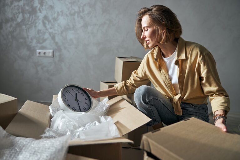 Pleased woman unpacking things in her new home